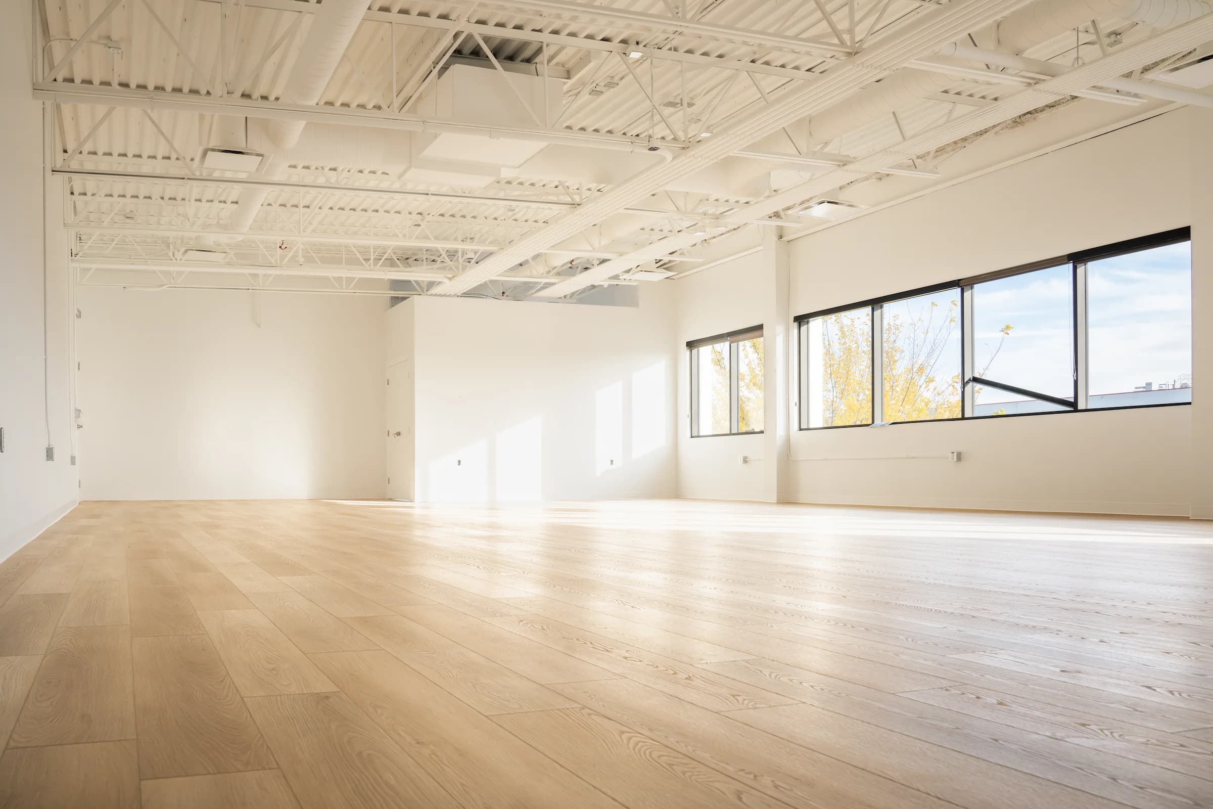 Bright commercial room with light wood-look plank flooring
