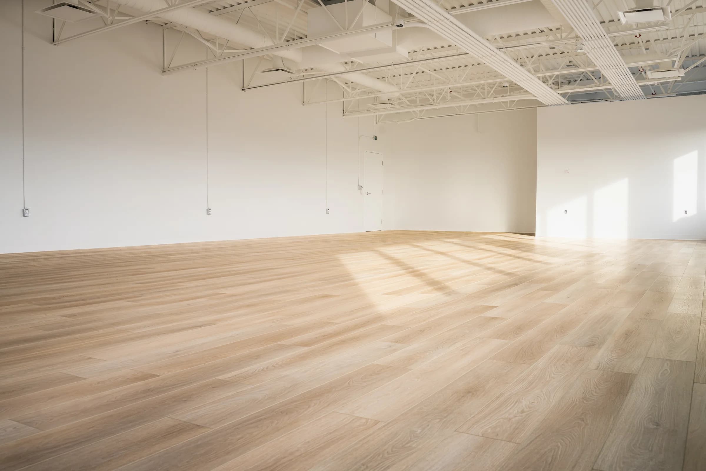 Sunlit commercial space with pale wood-look plank flooring